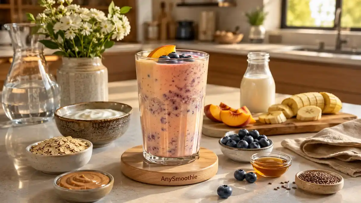 Creamy banana, peach, and blueberry smoothie for jaw surgery recovery served in a clear artisan glass on a maple wood coaster in a bright modern kitchen, surrounded by Greek yogurt, oats, almond butter, flaxseeds, honey, and fresh fruit.