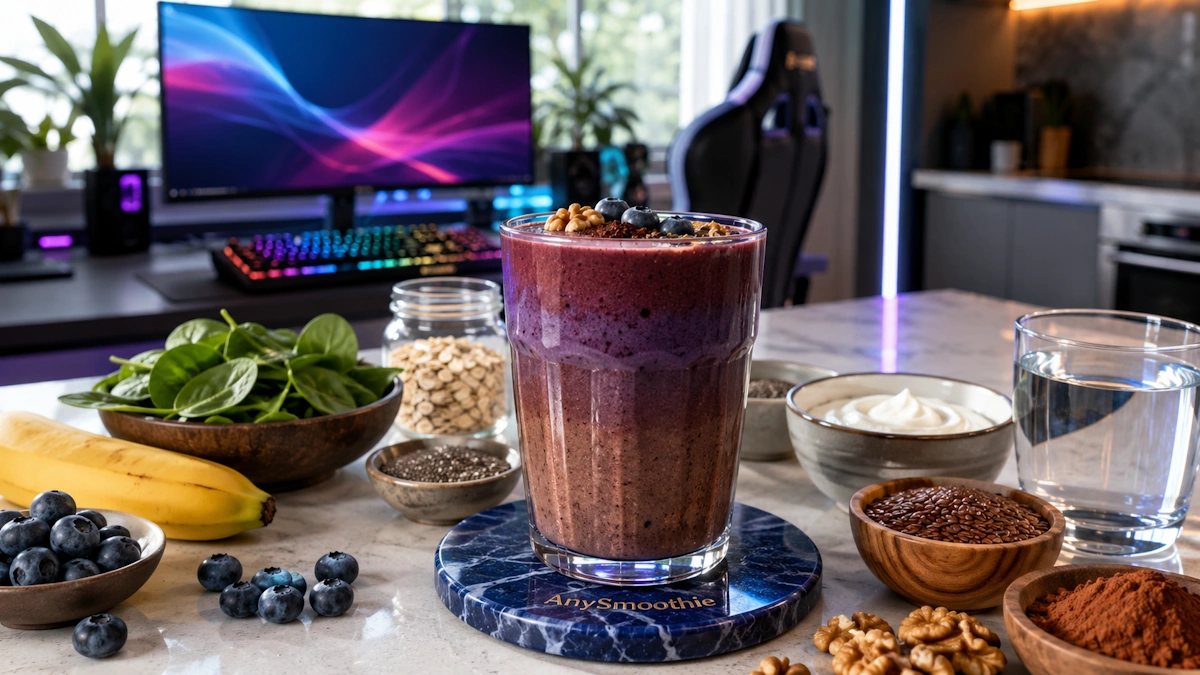 Blueberry banana cacao smoothie for long competitive gaming sessions with oats, spinach, walnuts, chia seeds, flaxseeds, and Greek yogurt in a tall glass on a blue sodalite coaster inside a modern gaming room and kitchen.