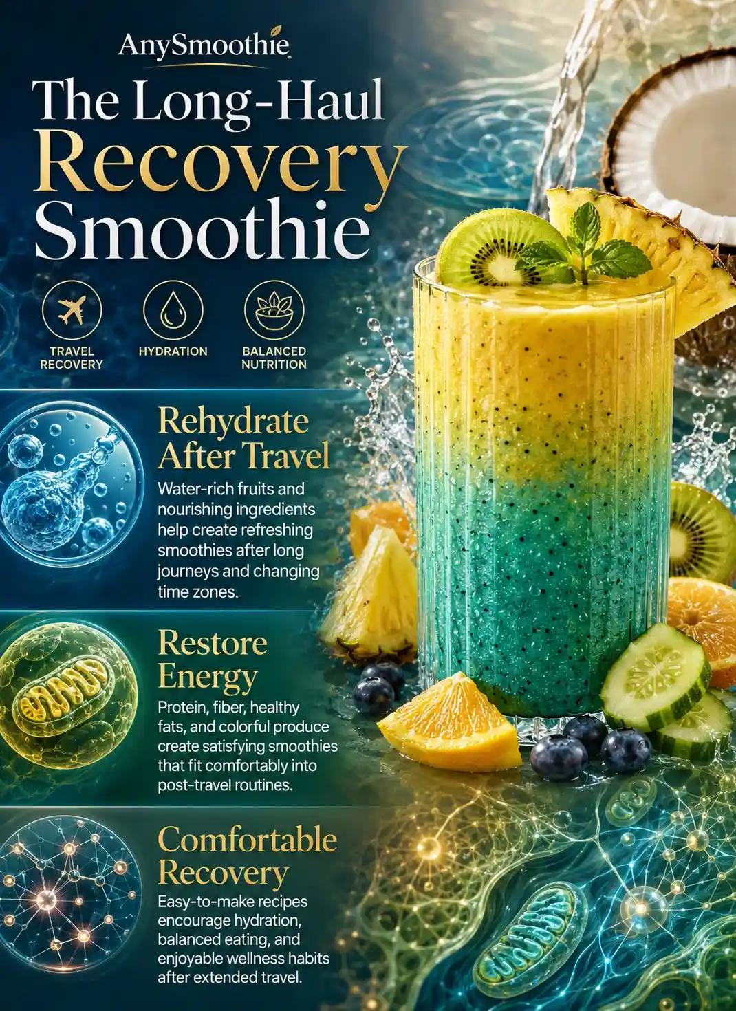 Infographic illustrating smoothies for long haul flight recovery with pineapple, kiwi, coconut water, cucumber, blueberries, hydration support, balanced nutrition, and post-travel wellness in a premium editorial design.