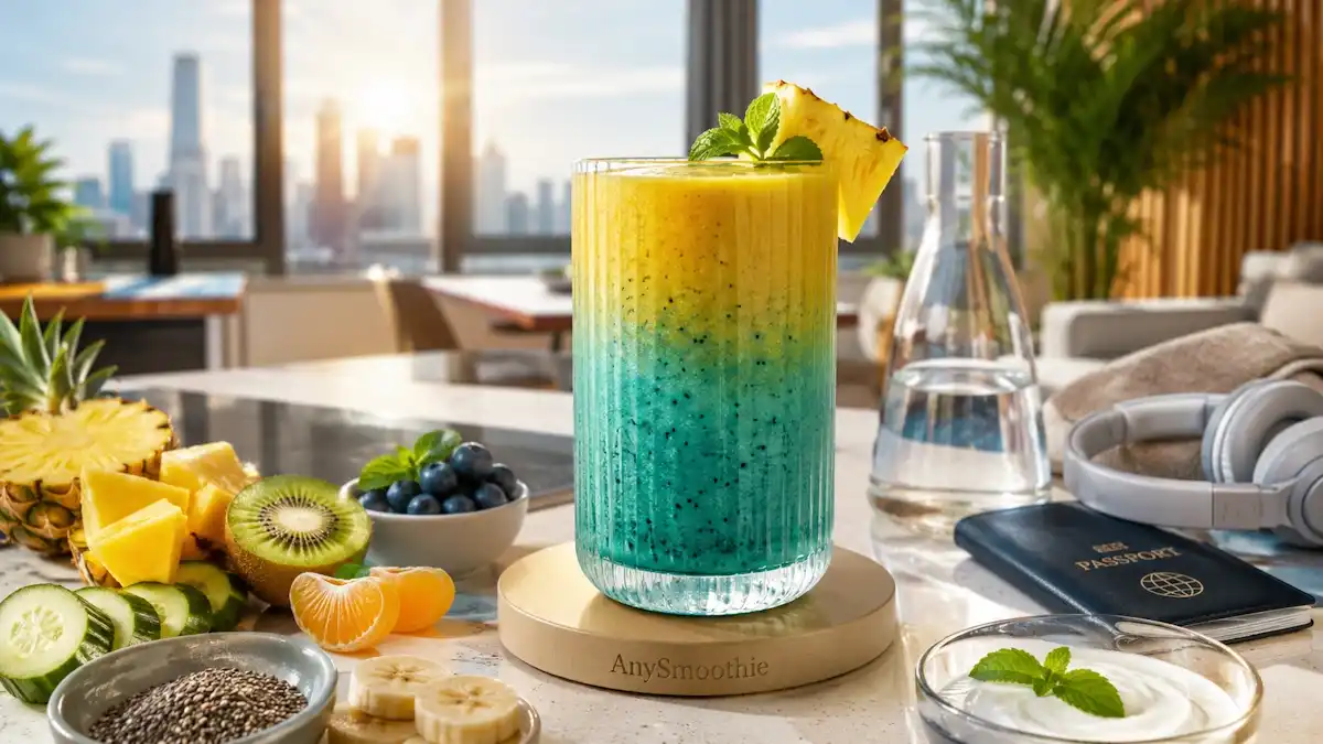 Refreshing pineapple kiwi coconut smoothie for long haul flight recovery with coconut water, banana, chia seeds, Greek yogurt, and fresh fruit in a modern sunlit apartment, supporting hydration and post-travel wellness.
