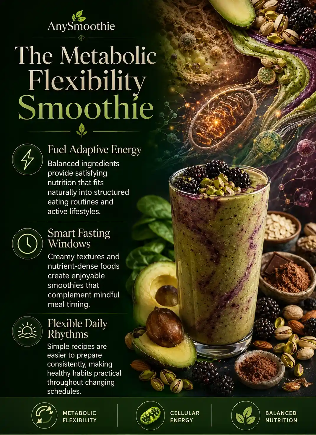 Premium infographic featuring smoothies for metabolic flexibility during fasting with an avocado, pistachio, and blackberry smoothie, illustrating balanced nutrition, cellular energy, mindful fasting windows, and metabolic adaptability through whole-food ingredients.