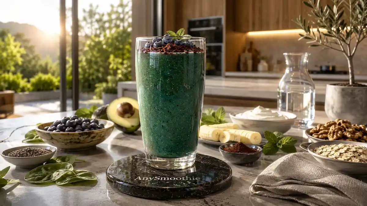 Blueberry cacao avocado smoothie with spinach, walnuts, chia seeds, oats, Greek yogurt, and fresh blueberries in a modern kitchen, illustrating smoothies for mitochondrial atp production with nutrient-rich whole food ingredients.