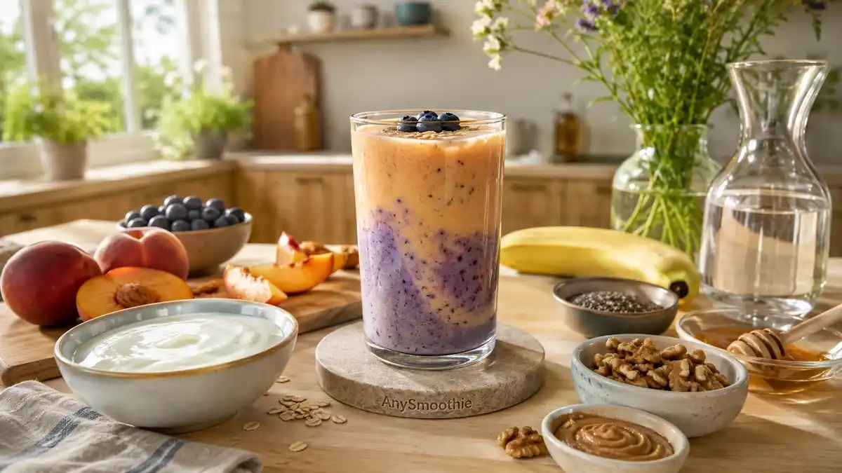 Creamy peach banana blueberry smoothie with Greek yogurt, oats, almond butter, walnuts, chia seeds, and honey in a tall glass on a sandstone coaster, illustrating nutritious smoothies for older adults with reduced appetite.