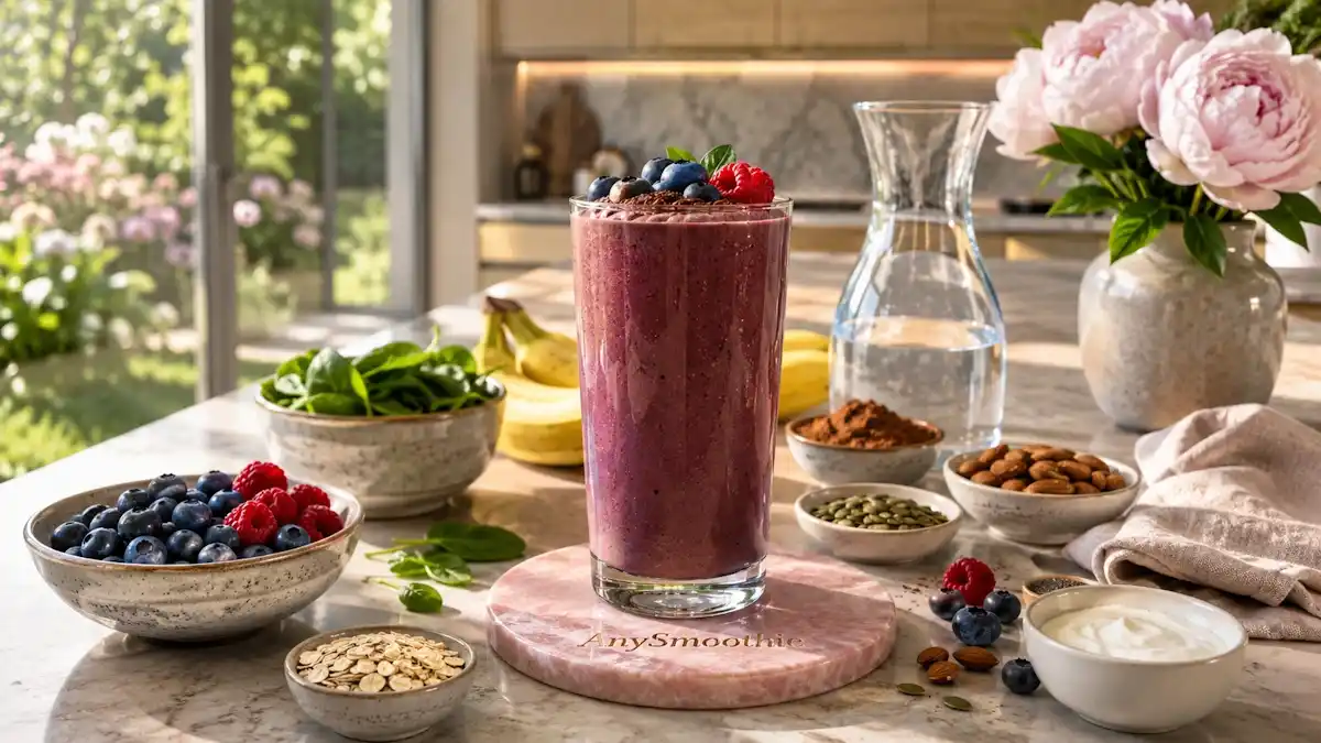 Blueberry banana cacao smoothie with spinach, oats, chia seeds, pumpkin seeds, almonds, Greek yogurt, and fresh berries in a modern kitchen, illustrating smoothies for pms support.