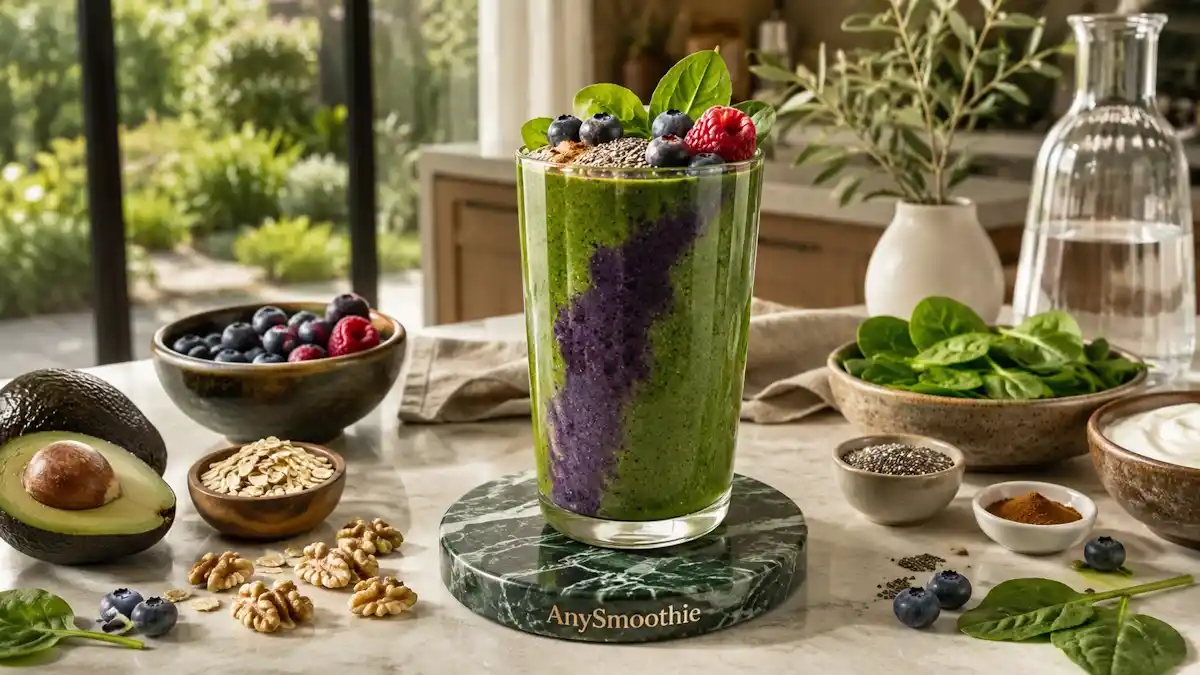 Blueberry avocado spinach smoothie with oats, chia seeds, walnuts, and Greek yogurt in a modern kitchen, illustrating smoothies for postprandial glucose support and balanced everyday nutrition.