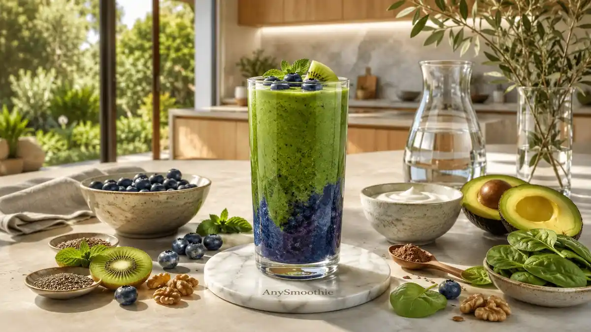 Blueberry, kiwi, and avocado smoothie for proteostasis support in a tall glass with spinach, walnuts, chia seeds, flaxseeds, Greek yogurt, and fresh mint in a modern kitchen.