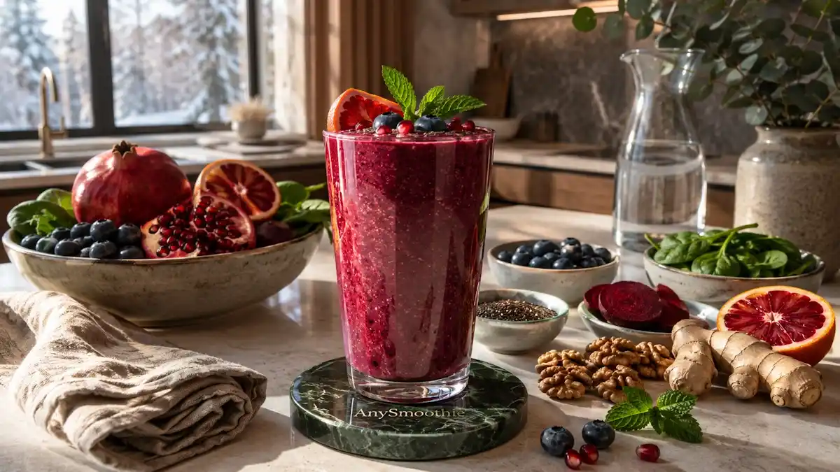 Blueberry, pomegranate, and blood orange smoothie with beetroot, ginger, walnuts, chia seeds, flaxseeds, and spinach, illustrating smoothies for Raynaud's support in a bright modern kitchen.