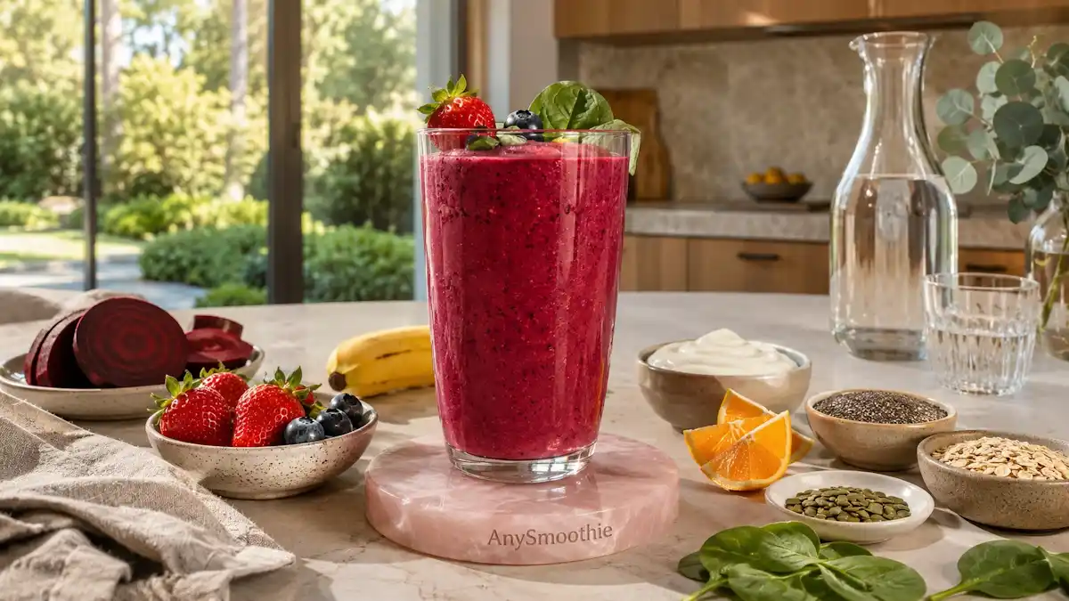 Luxurious strawberry, blueberry, and beetroot smoothie with banana, spinach, oats, Greek yogurt, chia seeds, and pumpkin seeds in a tall glass on a rose quartz coaster, illustrating smoothies for recovery after blood donation in a bright modern kitchen.