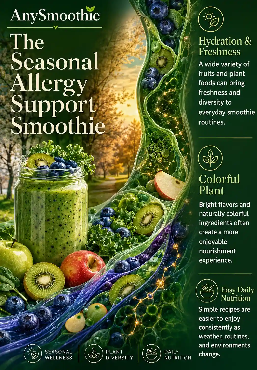 The Seasonal Allergy Support Smoothie infographic featuring colorful fruits, leafy greens, blueberry and kiwi nutrition, hydration support, plant diversity, and daily nourishment concepts for smoothies for seasonal allergy nutrition support.