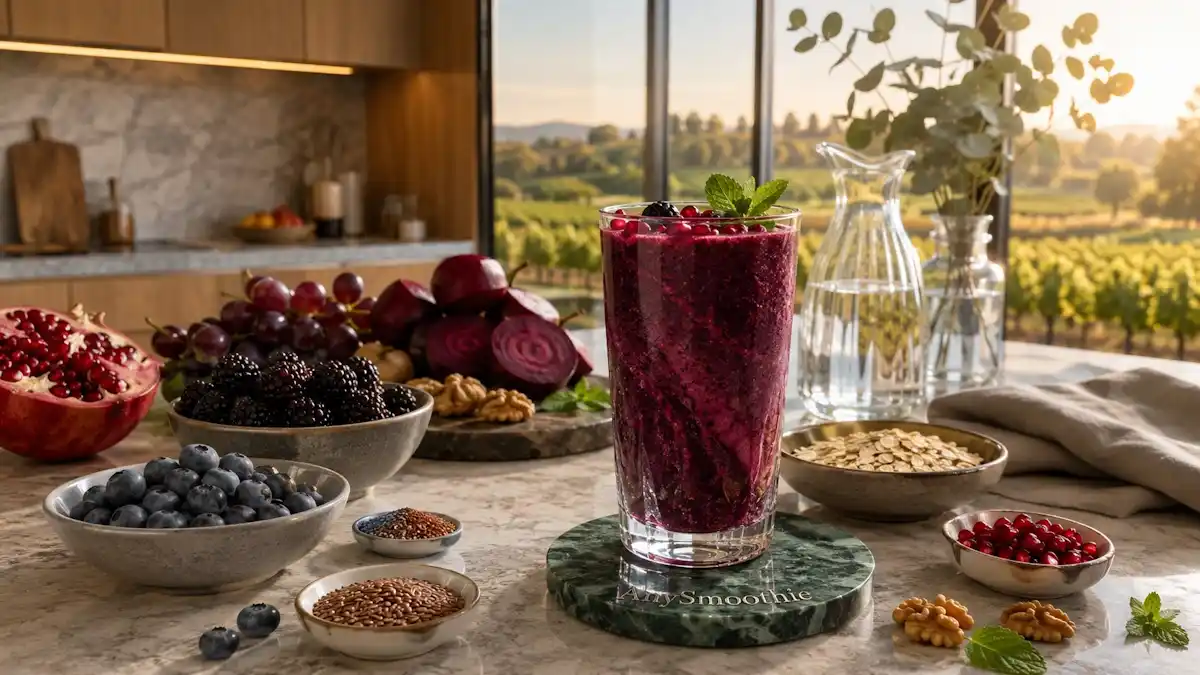 Smoothies for varicose vein support made with blueberries, blackberries, pomegranate, beetroot, grapes, walnuts, chia seeds, flaxseeds, and oats in a deep purple smoothie served in a clear glass inside a modern kitchen.