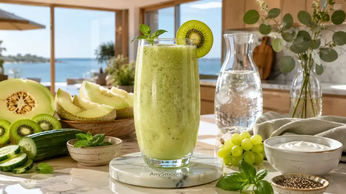 Honeydew melon, cucumber, kiwi, and coconut water smoothie in a tall artisan glass on a white jade AnySmoothie coaster in a bright coastal kitchen, illustrating smoothies supporting aquaporin channel hydration with fresh whole-food ingredients.