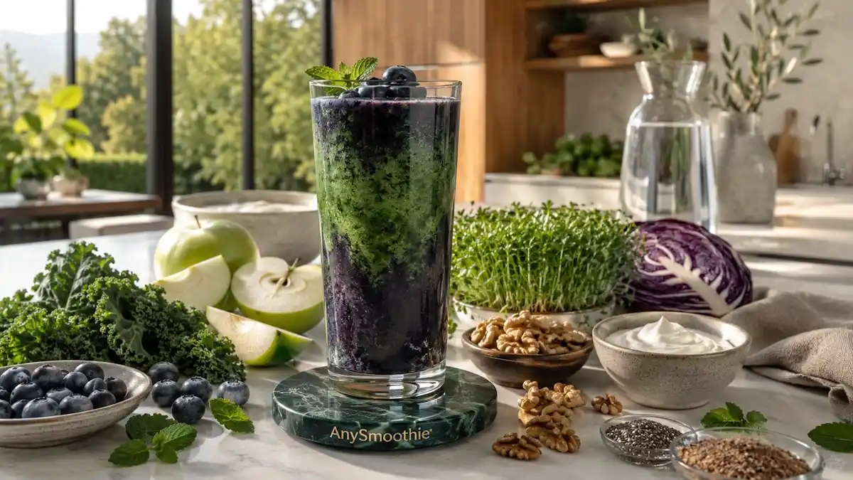 Blueberry, kale, and green apple smoothie with broccoli sprouts, purple cabbage, walnuts, chia seeds, and flaxseed in a modern kitchen, illustrating smoothies supporting aryl hydrocarbon receptor function through diverse whole-food nutrition.