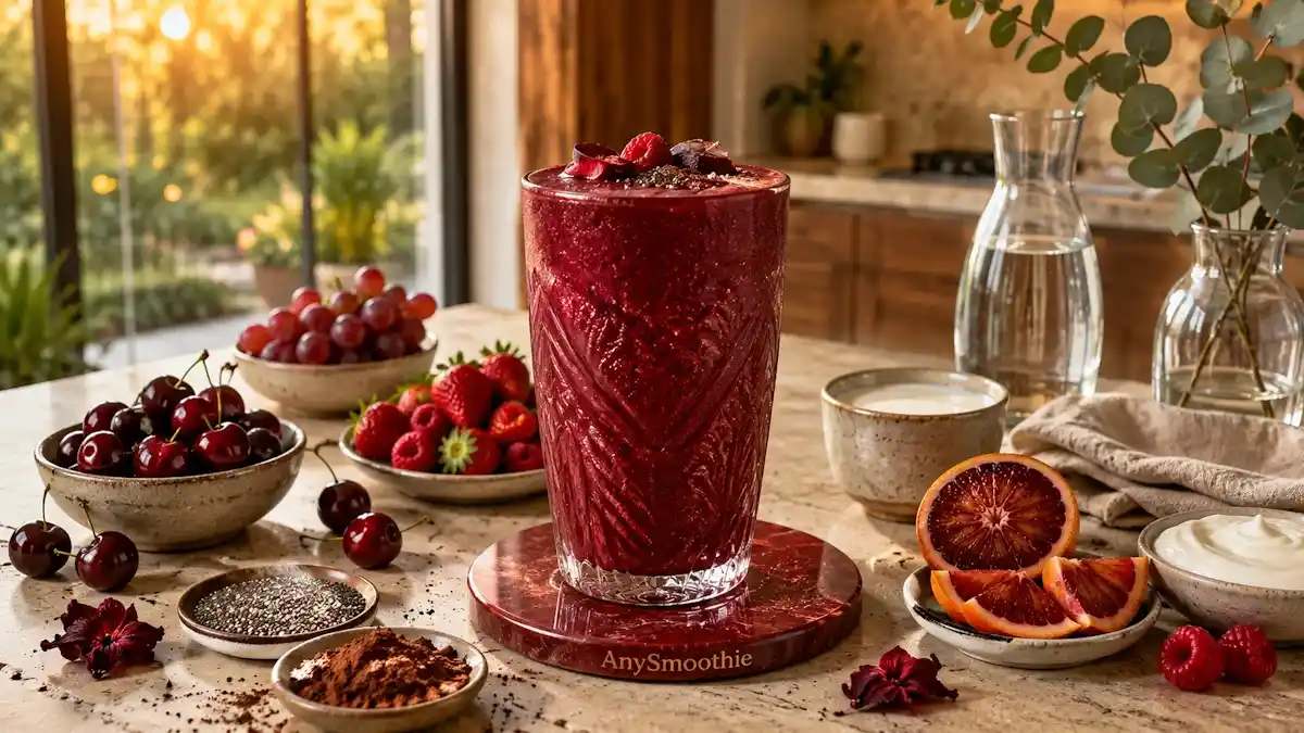 Luxurious deep crimson smoothie made with tart cherries, raspberries, strawberries, blood orange, cacao, chia seeds, and Greek yogurt, illustrating smoothies supporting heat shock proteins in a modern wellness kitchen.