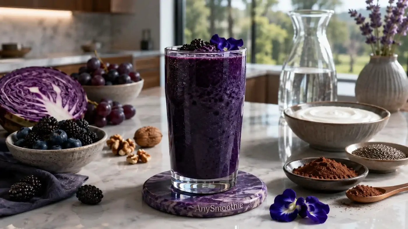 Luxurious deep indigo smoothie with blackberries, blueberries, butterfly pea flower, dark grapes, cacao, walnuts, chia seeds, and Greek yogurt, illustrating smoothies supporting mitonuclear communication in a modern kitchen.