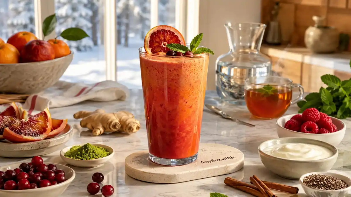 Blood orange, cranberry, and matcha smoothie in a clear glass on a travertine coaster in a bright Scandinavian kitchen, illustrating smoothies to support brown adipose tissue with wholesome winter ingredients.