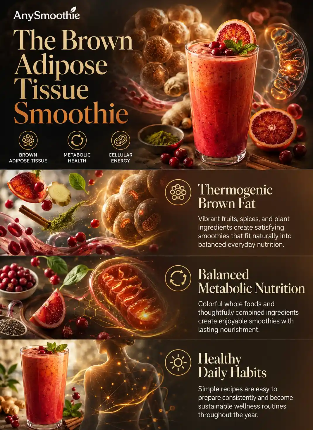Infographic showing smoothies to support brown adipose tissue with blood orange, cranberries, matcha, ginger, cinnamon, and whole-food ingredients alongside brown adipose tissue, metabolic health, and cellular energy concepts.