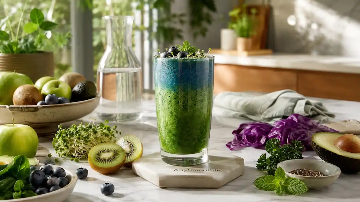 Smoothies to support cellular cleanup featuring a broccoli sprout, blueberry, kiwi, spinach, and purple cabbage smoothie in a clear glass on an engraved AnySmoothie concrete coaster inside a bright modern kitchen with fresh functional ingredients.
