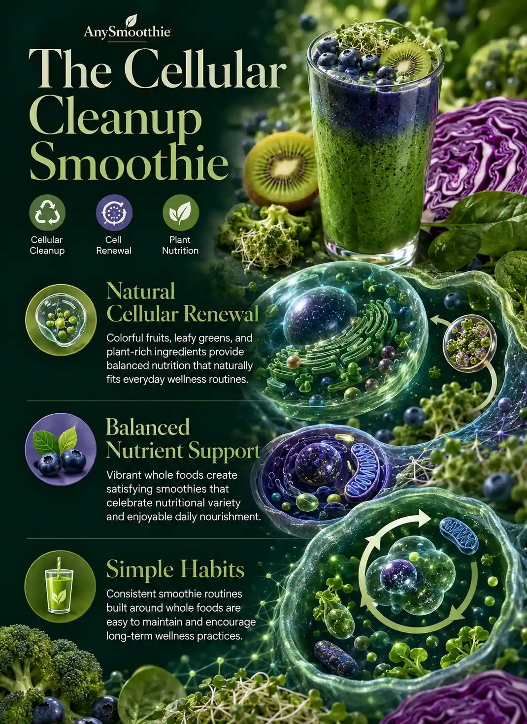 Infographic about smoothies to support cellular cleanup featuring a broccoli sprout, blueberry, kiwi, spinach, and purple cabbage smoothie with illustrations of cellular renewal, plant nutrition, and balanced wellness in a premium editorial design.