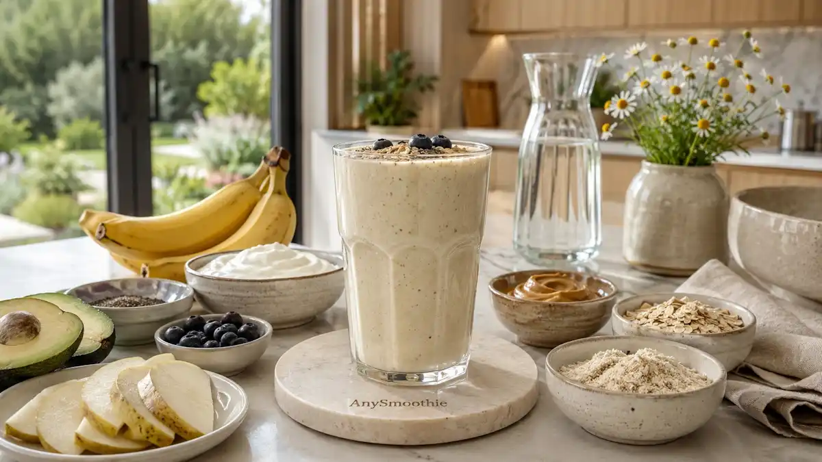Creamy banana, pear, and Greek yogurt smoothie with oats, chia seeds, blueberries, and almond butter, served in a tall glass in a bright modern kitchen, ideal inspiration for soft smoothies after tooth extraction.