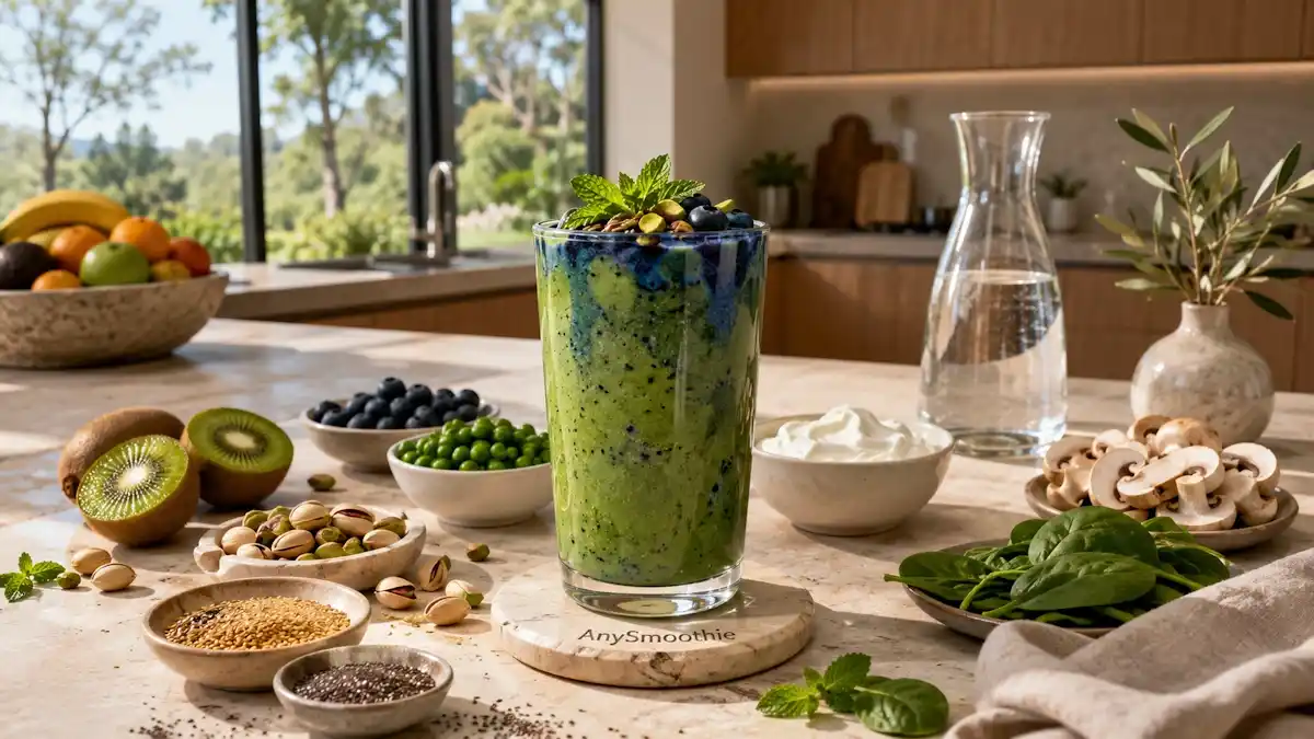 Spermidine smoothies for cellular renewal featuring a kiwi, blueberry, and pistachio smoothie with spinach, Greek yogurt, mushrooms, green peas, chia seeds, wheat germ, and fresh mint in a modern kitchen.