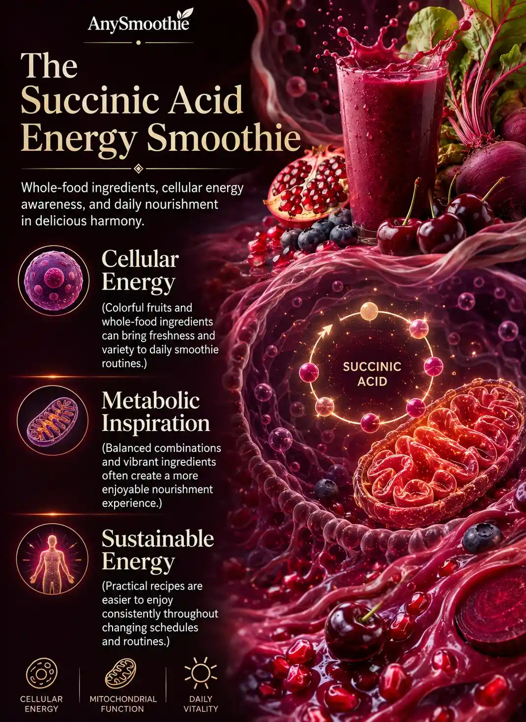 Succinic acid smoothies for cellular energy infographic featuring berry, pomegranate, beetroot, and dark cherry smoothie ingredients with mitochondrial energy motifs, cellular wellness visuals, metabolic inspiration concepts, and sustainable daily nourishment guidance.