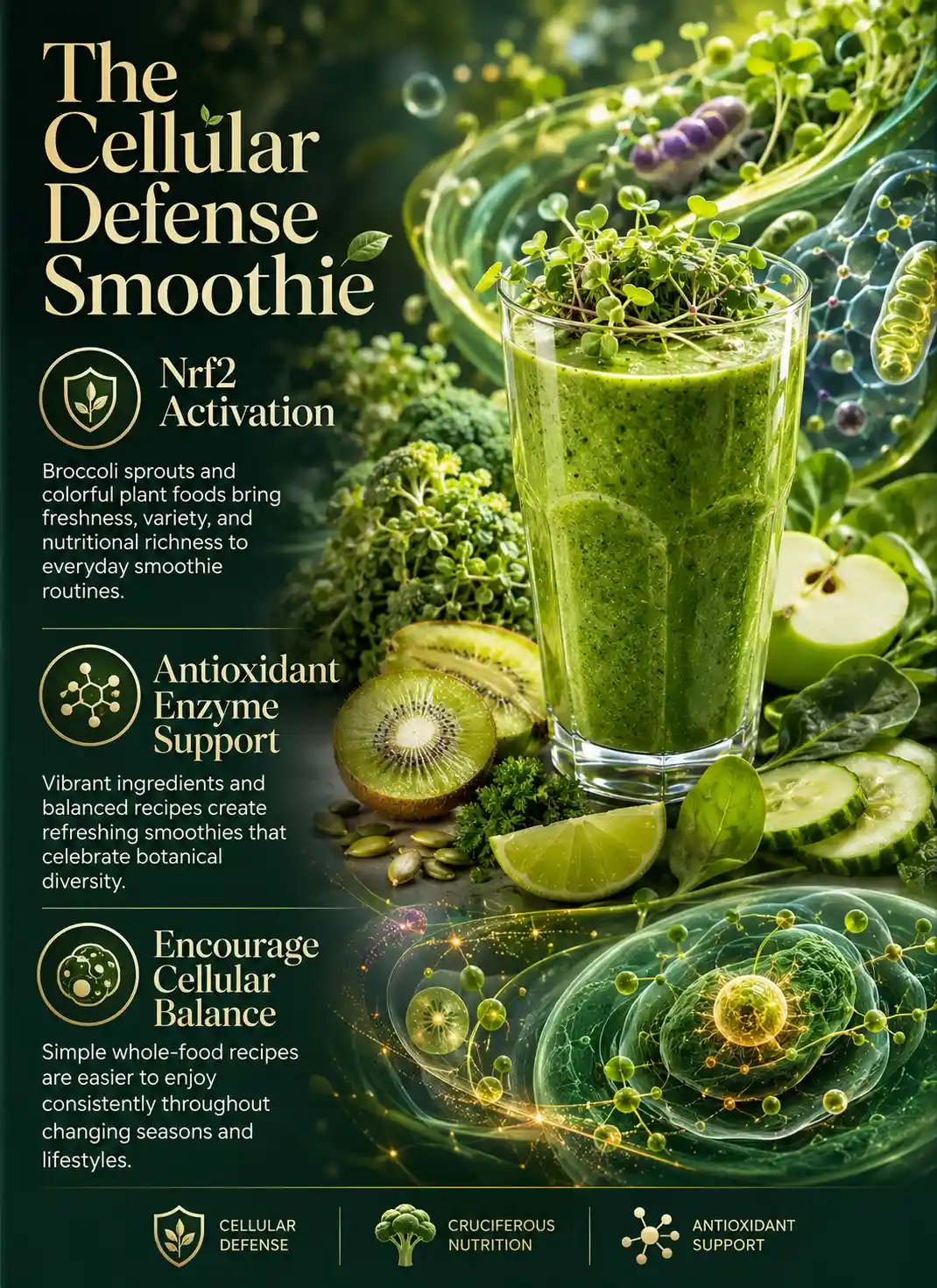 Infographic illustrating sulforaphane rich smoothies for cellular defense featuring broccoli sprouts, green smoothie ingredients, Nrf2 activation, antioxidant enzyme support, and cruciferous nutrition in a premium wellness-science editorial design.