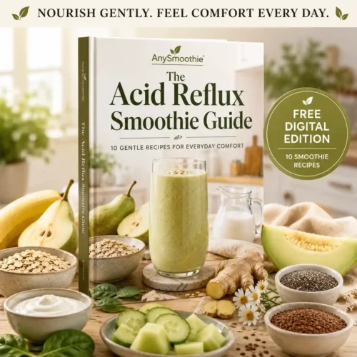The Acid Reflux Smoothie Guide cookbook displayed with a gentle green smoothie and reflux-friendly ingredients including banana, pear, oats, cucumber, spinach, ginger, chia seeds, flaxseed, Greek yogurt, oat milk, melon, and chamomile flowers in a bright modern kitchen.