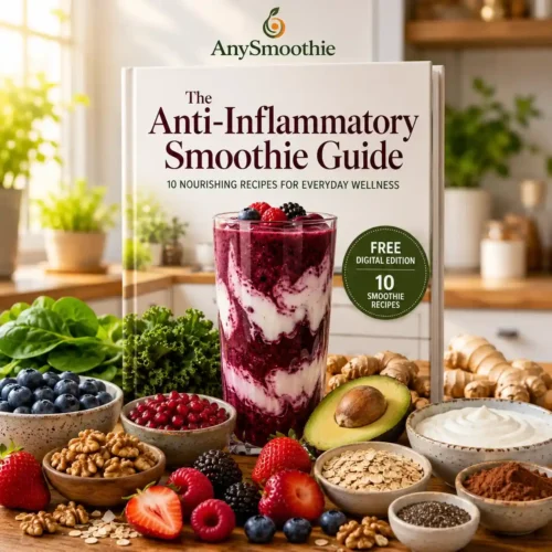 The Anti-Inflammatory Smoothie Guide book cover featuring a vibrant berry smoothie with nutrient-rich whole-food ingredients including berries, spinach, avocado, yogurt, oats, chia seeds, walnuts, ginger, and flaxseed in a bright modern kitchen.