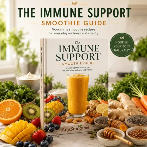 The Immune Support Smoothie Guide book banner featuring a colorful immune-support smoothie surrounded by fresh fruits, vegetables, yogurt, seeds, and the AnySmoothie logo in a bright modern kitchen.