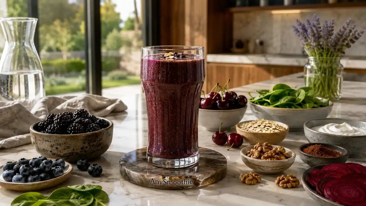 Luxurious blackberry, blueberry, and cherry smoothie with spinach, walnuts, oats, beetroot, cacao, Greek yogurt, and almond milk in a modern kitchen, illustrating tinnitus-friendly smoothies for everyday nutrition.