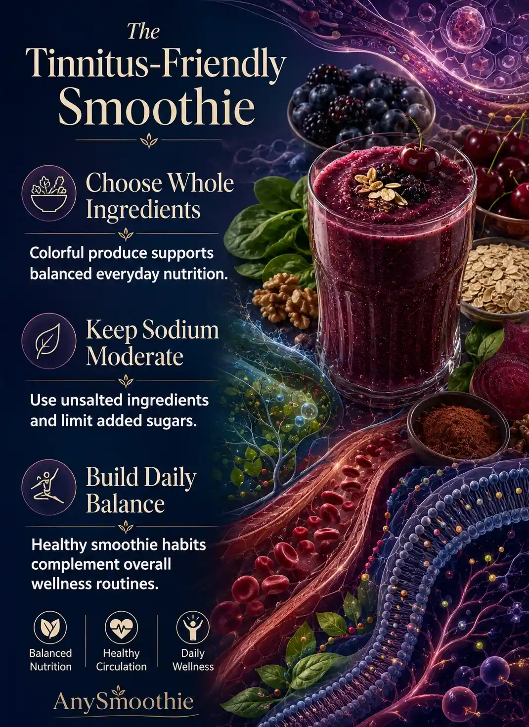Infographic illustrating tinnitus-friendly smoothies for everyday nutrition with blackberry, blueberry, cherry, spinach, oats, walnuts, beetroot, and cacao, highlighting balanced nutrition, healthy circulation, and daily wellness.