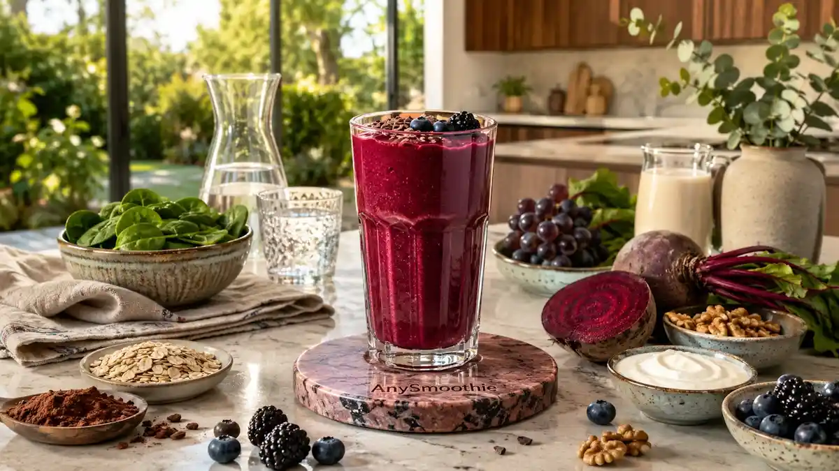 TMG smoothie for daily performance made with beetroot, blueberries, blackberries, cacao, spinach, oats, walnuts, chia seeds, Greek yogurt, and oat milk in a premium glass inside a modern kitchen.