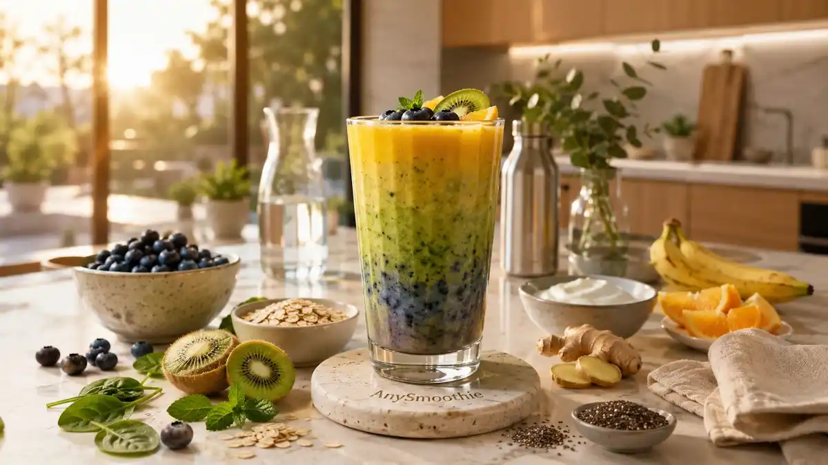 Travel reset smoothies for circadian rhythm support featuring a blueberry, kiwi, and banana smoothie with baby spinach, oats, ginger, chia seeds, and Greek yogurt in a tall artisan glass inside a bright sunrise kitchen, styled for healthy post-travel morning nutrition.