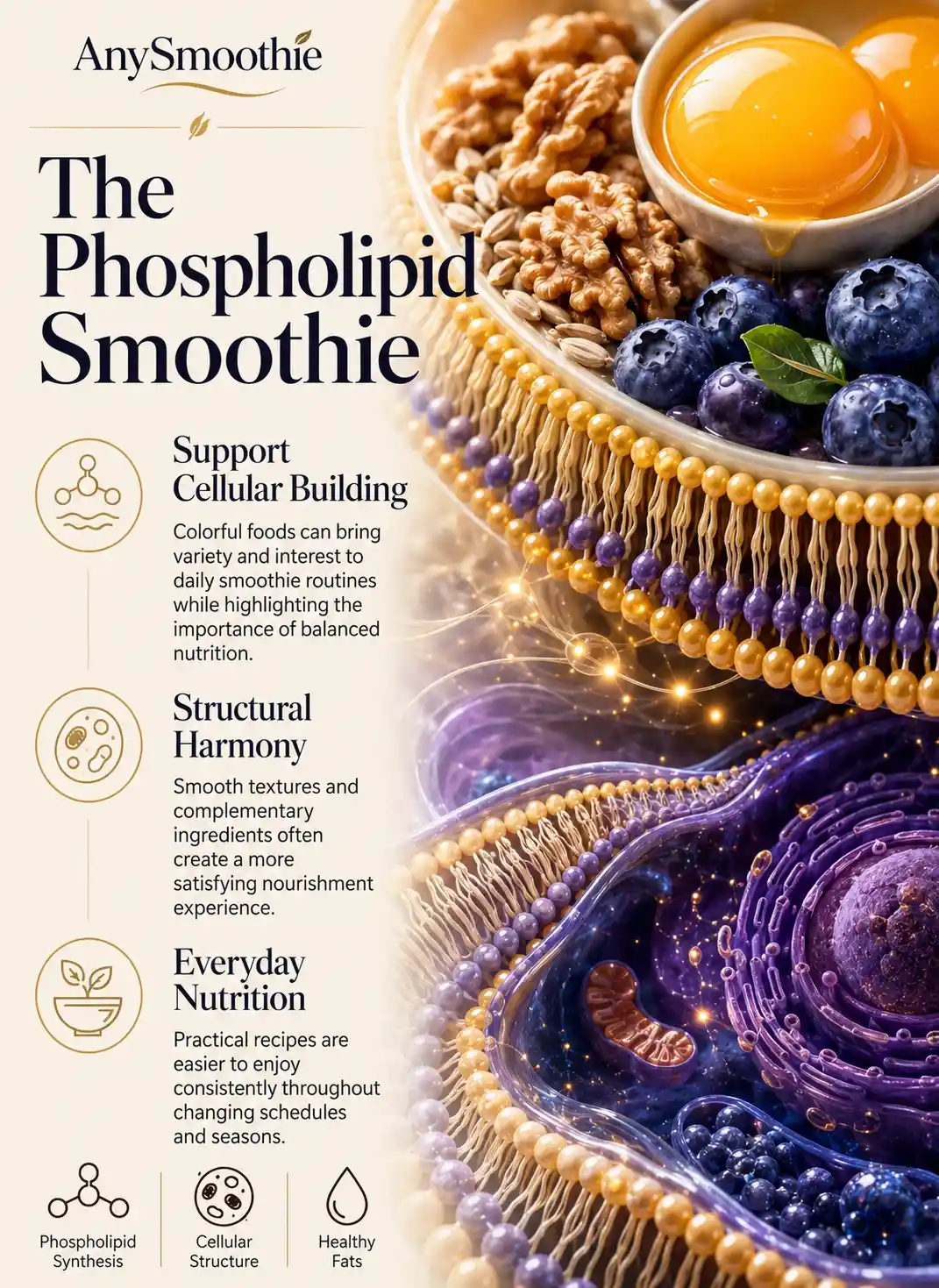 Uridine smoothies for phospholipid synthesis infographic featuring blueberries, sunflower seeds, walnuts, healthy fats, membrane-inspired structures, cellular building concepts, and balanced smoothie nutrition in a wellness-science editorial design.