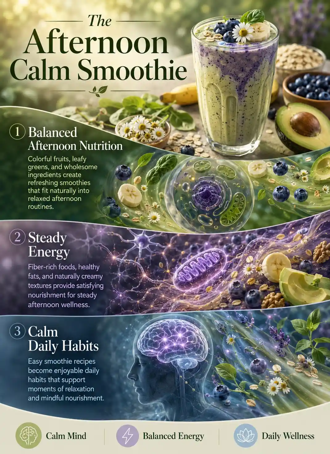 Infographic illustrating afternoon smoothies for a calm mind with blueberries, banana, avocado, spinach, chamomile, and oats, highlighting balanced afternoon nutrition, steady energy, and calm daily wellness through whole-food ingredients.