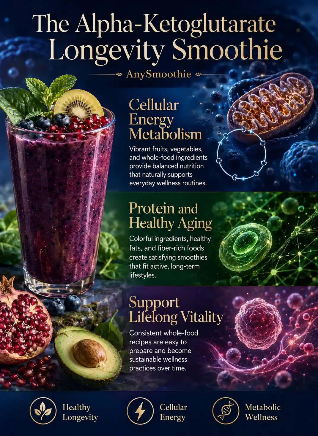 Infographic showing a blueberry, pomegranate, golden kiwi, spinach, and avocado smoothie with cellular energy, metabolic wellness, and healthy longevity themes, illustrating alpha-ketoglutarate smoothies for healthy longevity through colorful whole-food nutrition.