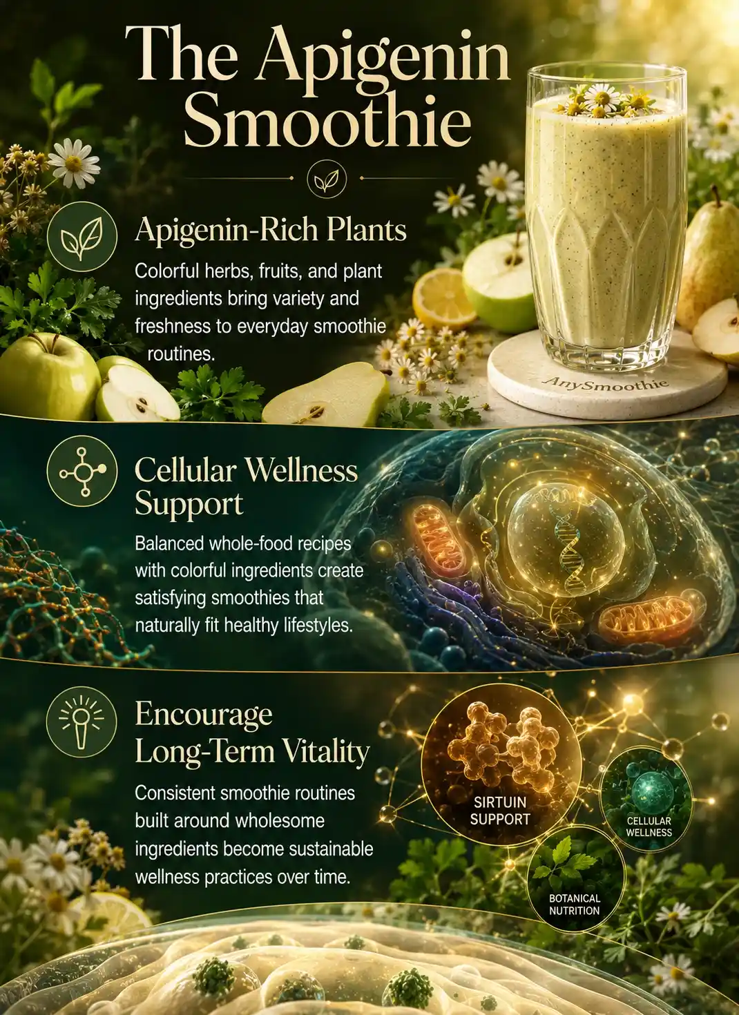 Infographic about apigenin smoothies for sirtuin support featuring chamomile, parsley, green apple, pear, botanical ingredients, and cellular wellness concepts with premium editorial wellness design.
