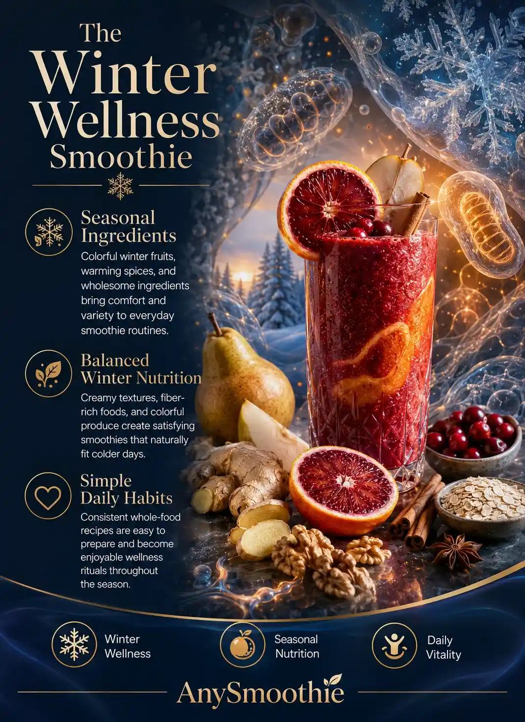 Infographic about balanced winter wellness smoothies featuring a blood orange, cranberry, and pear smoothie with seasonal fruits, warming spices, walnuts, oats, and ginger, illustrating seasonal nutrition, daily vitality, and balanced winter wellness.