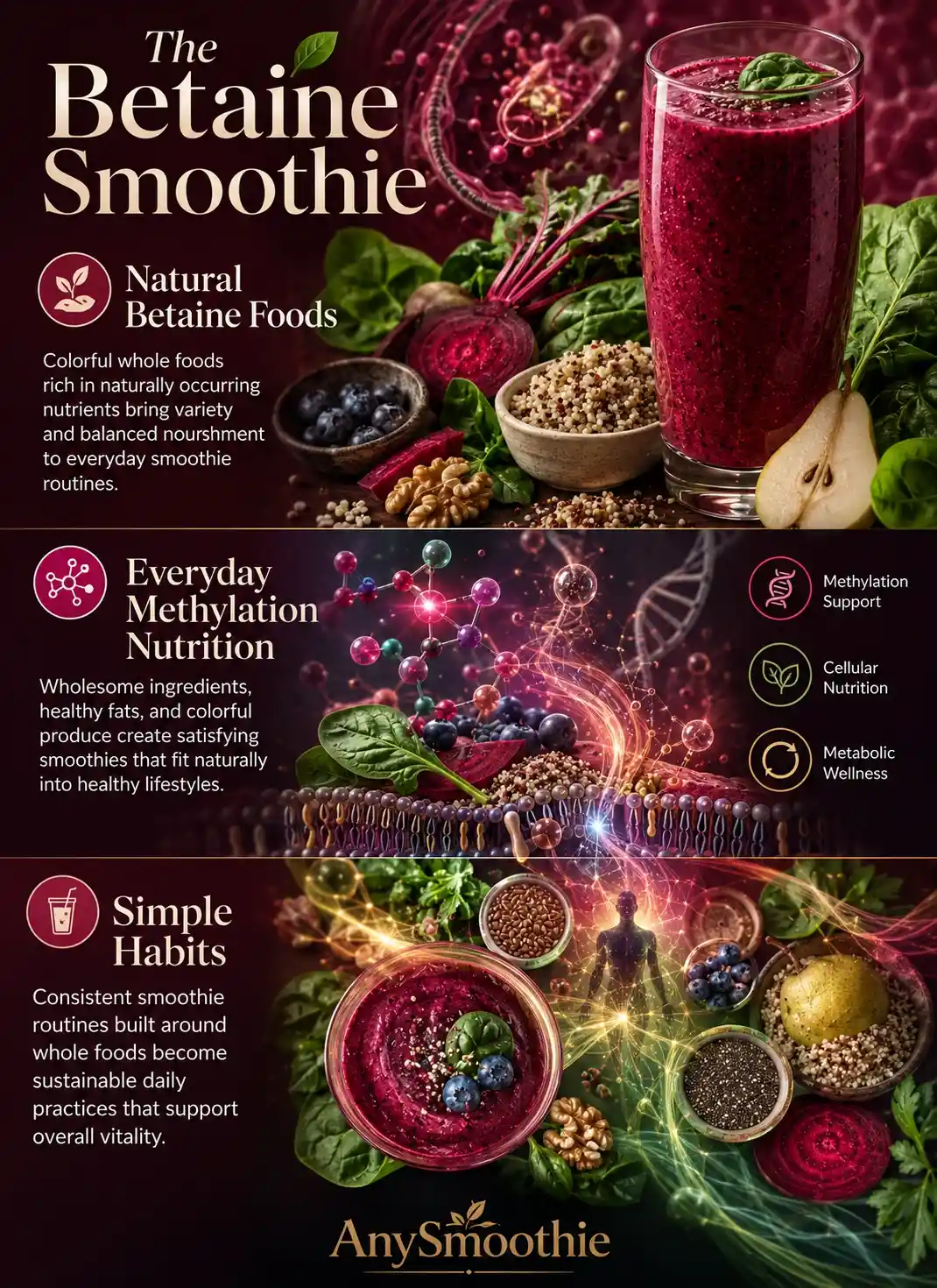 Infographic illustrating betaine smoothies for methylation support with beetroot, spinach, blueberries, quinoa, and pear, highlighting natural betaine foods, everyday methylation nutrition, and balanced cellular wellness.