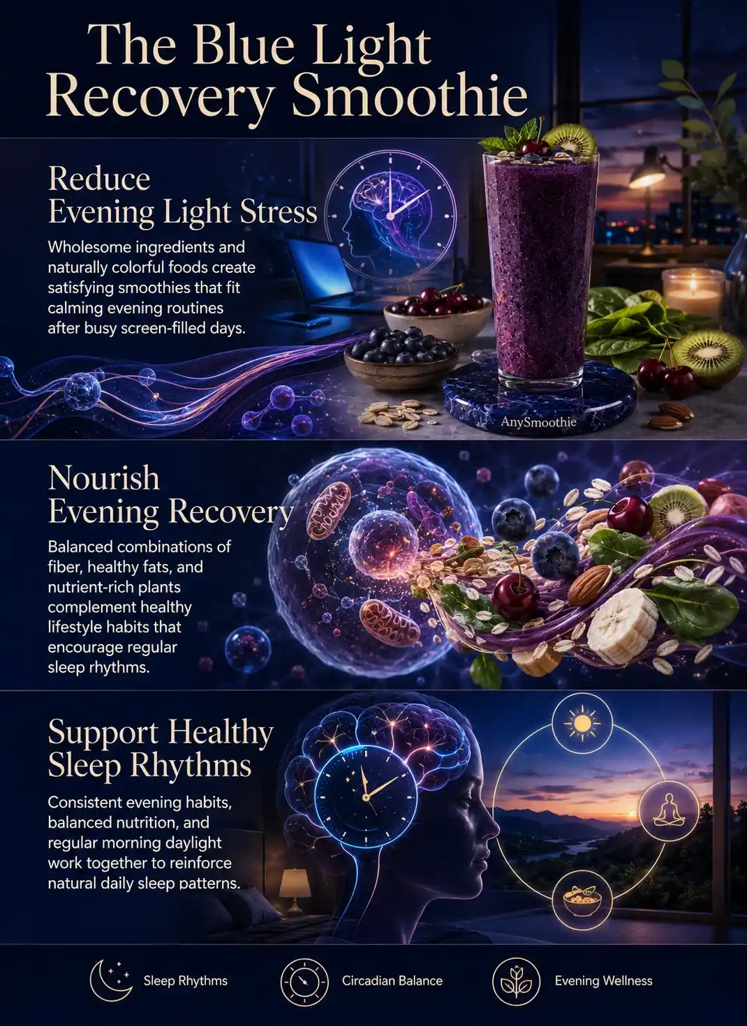 Blue light recovery smoothies for sleep rhythms infographic showing how colorful whole-food smoothie ingredients support healthy circadian balance, evening nourishment, and natural sleep rhythms through balanced nutrition and wellness habits.