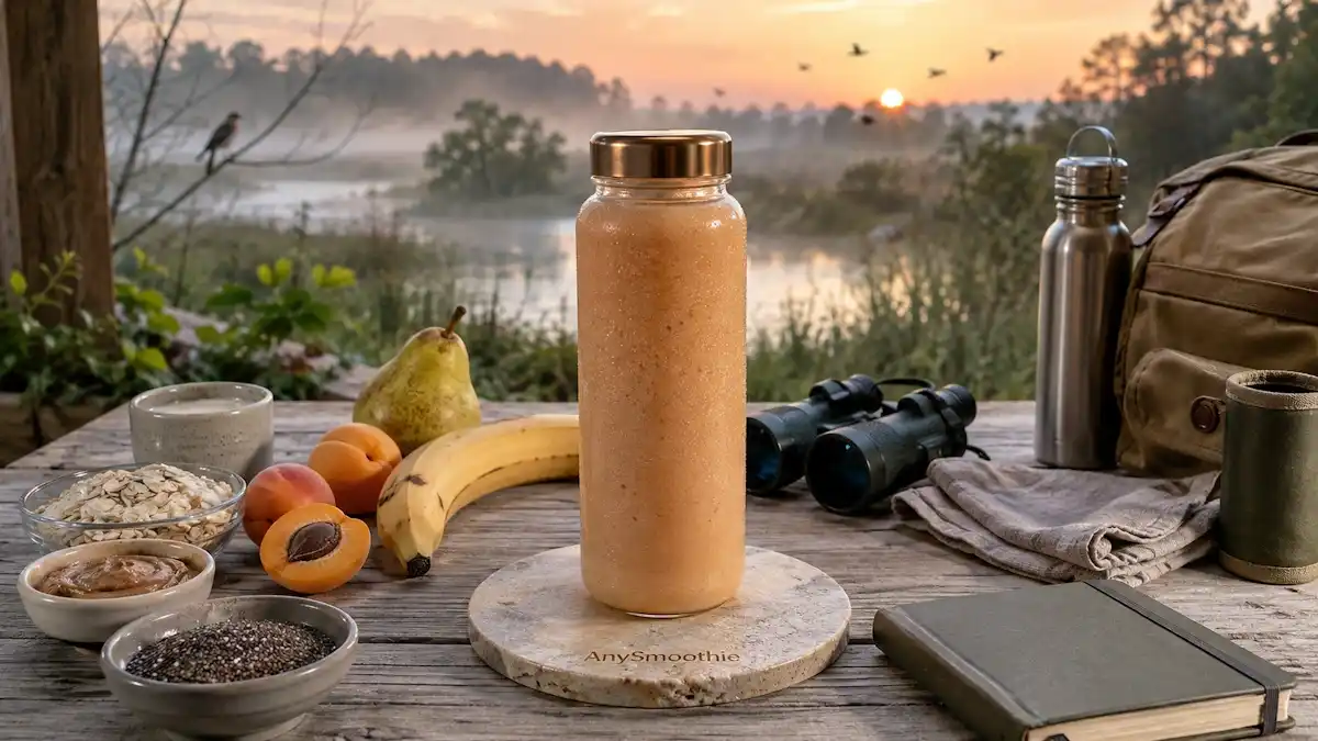 Apricot, pear, banana and oat breakfast smoothie for early birdwatching at sunrise