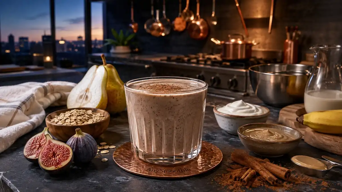 Fig, banana, pear and oat breakfast smoothie for early shift chefs in a professional-style home kitchen
