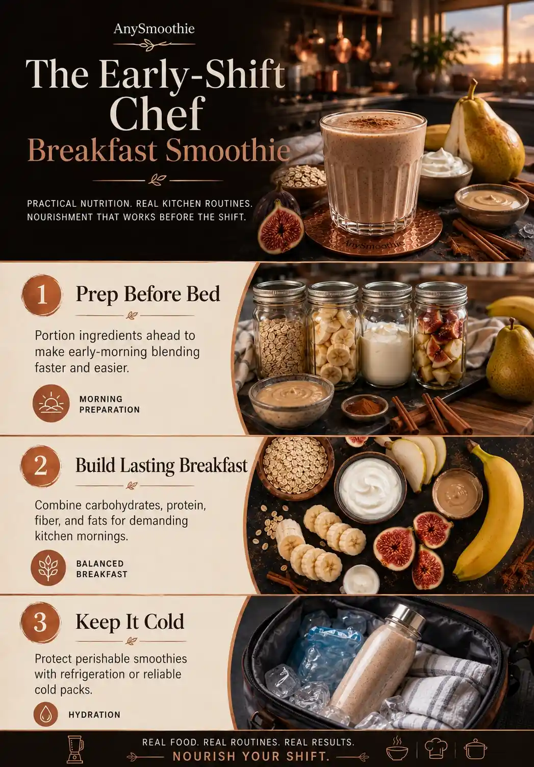 Breakfast smoothies for early shift chefs infographic showing advance preparation, balanced ingredients, and cold storage
