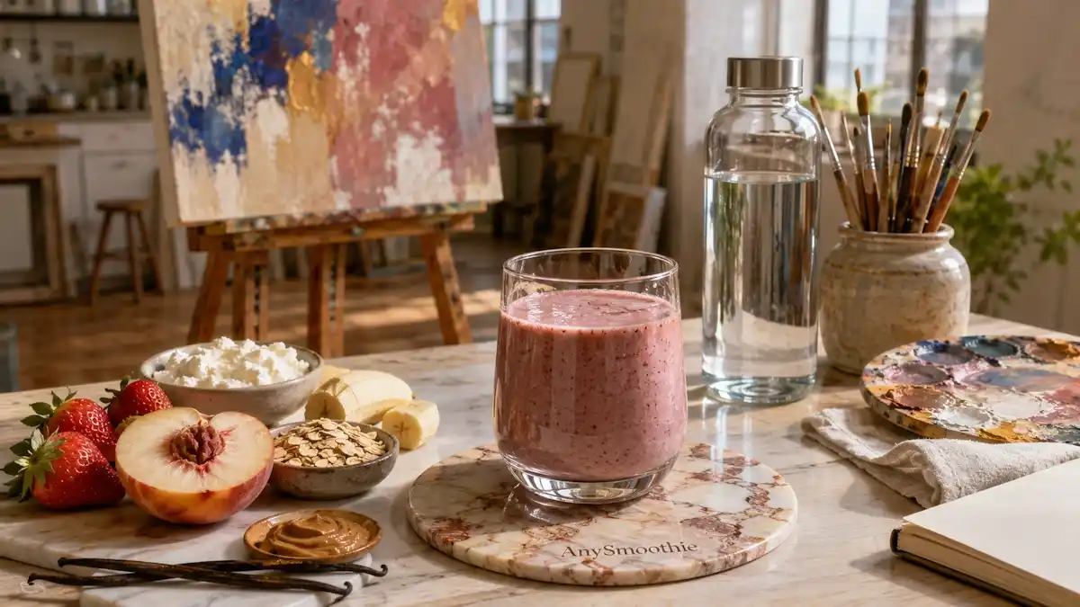 Easy smoothies for long painting sessions with strawberry, white peach, banana, oats, ricotta, almond butter, and vanilla in a sunlit artist studio.
