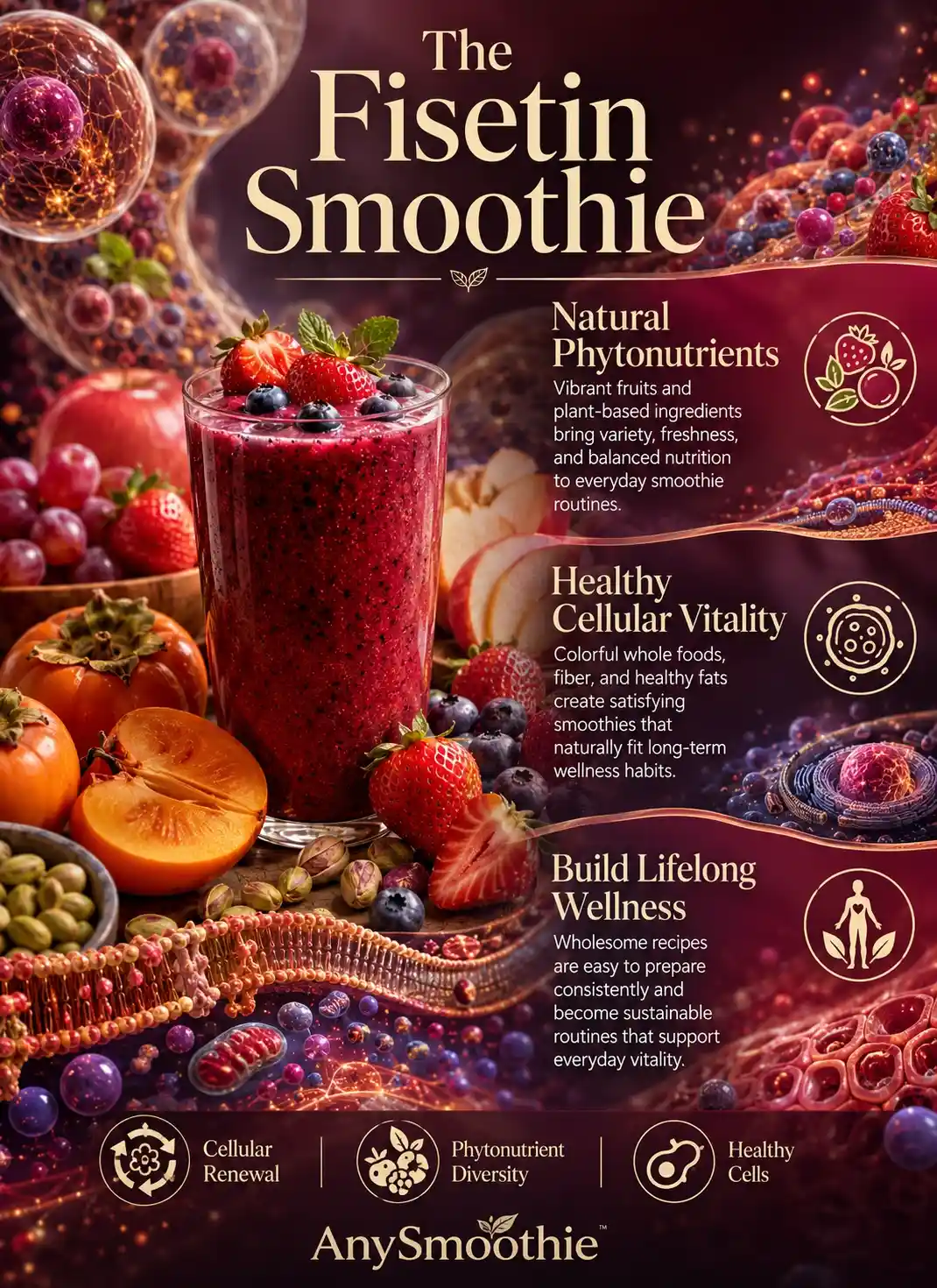 Infographic illustrating fisetin smoothies for cellular renewal using strawberries, apples, blueberries, persimmons, grapes, pistachios, and whole-food nutrition to support healthy cellular vitality and everyday wellness.