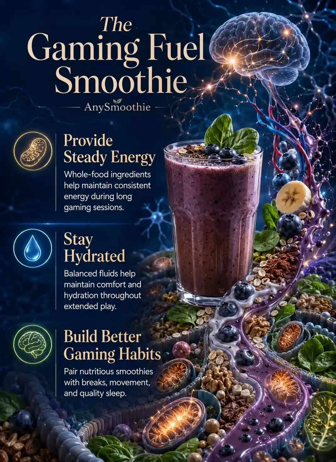 The Gaming Fuel Smoothie infographic showing how smoothies for long competitive gaming sessions support steady energy, hydration, mental focus, and healthy gaming habits using blueberries, banana, spinach, oats, walnuts, cacao, and yogurt.