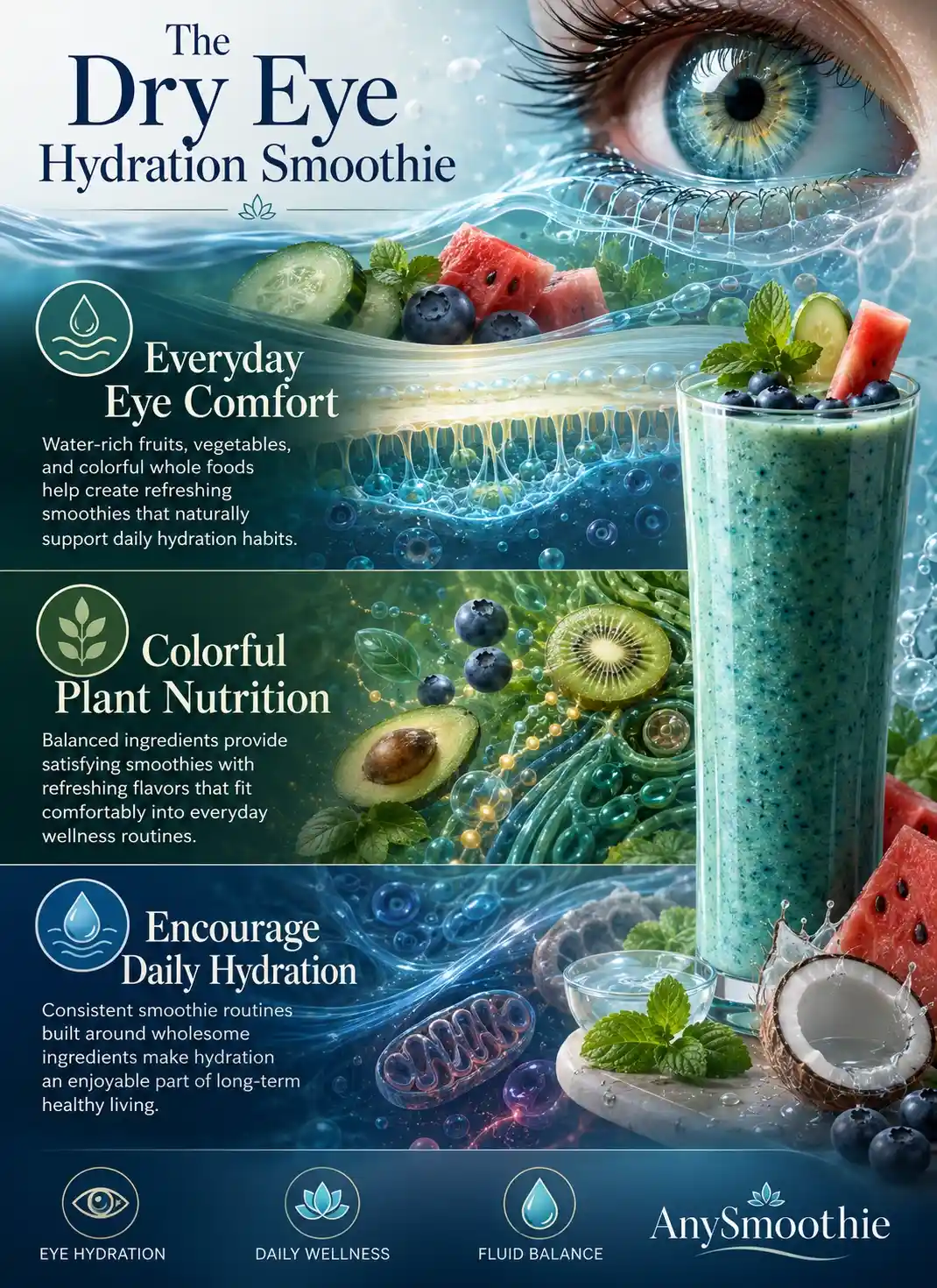 Hydrating smoothies for dry eye support infographic illustrating hydration, tear film wellness, colorful plant nutrition, fluid balance, and everyday eye comfort with cucumber, watermelon, blueberries, kiwi, avocado, and coconut water.