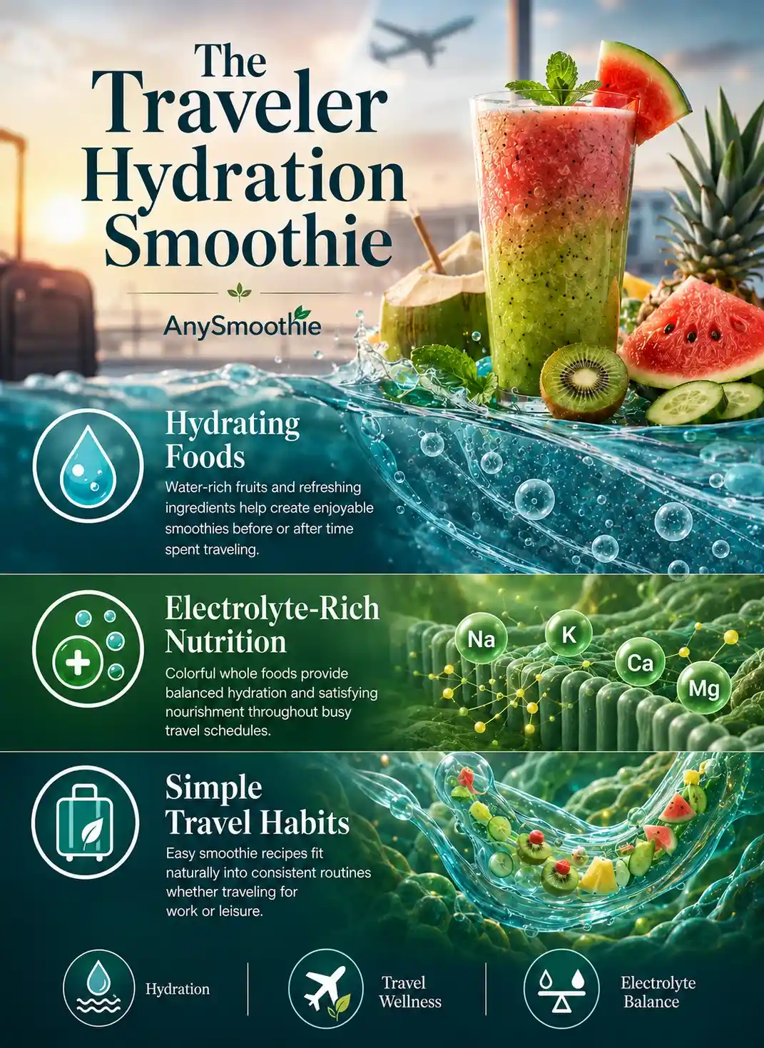 Hydration smoothies for frequent travelers infographic featuring a colorful travel hydration smoothie made with watermelon, kiwi, cucumber, coconut, and pineapple, highlighting hydrating foods, electrolyte-rich nutrition, and healthy travel hydration habits.