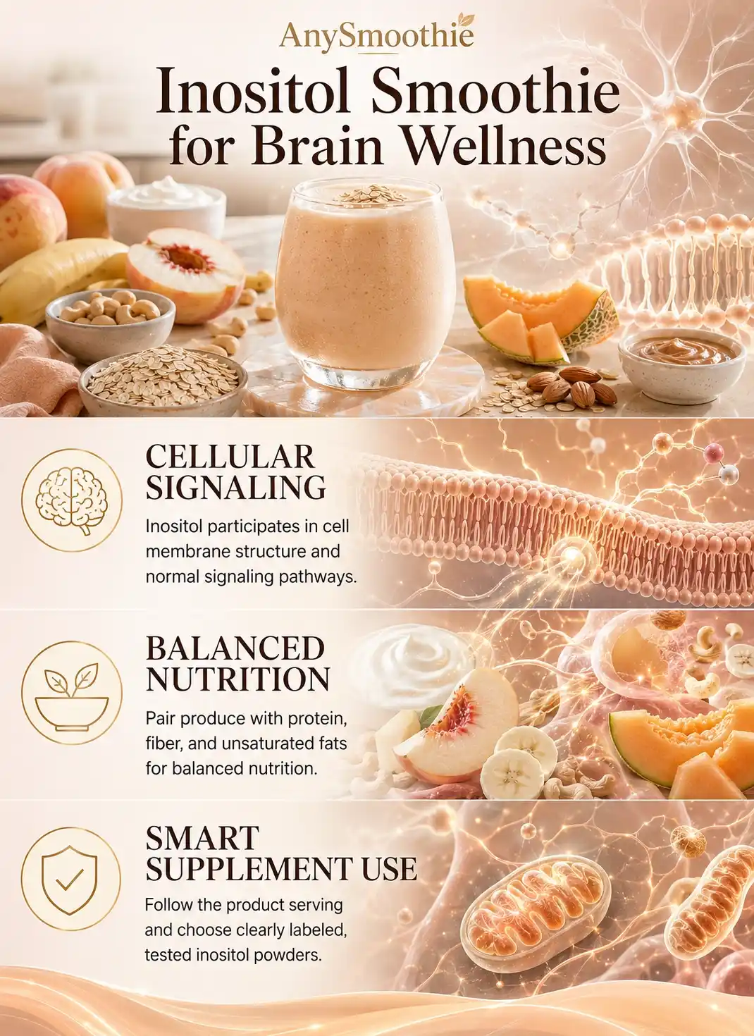 Inositol smoothie for brain wellness infographic showing cellular signaling, balanced nutrition, and smart supplement use