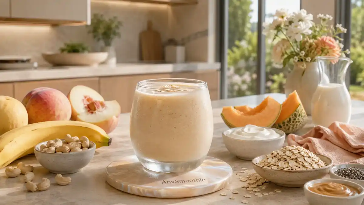 Inositol smoothie for brain wellness with white peach, banana, oats, cashews, and Greek yogurt